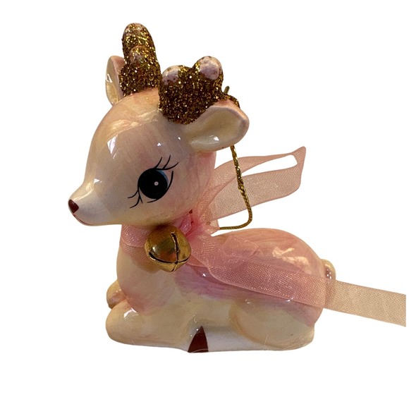 Vintage Ceramic Reindeer Ornament Pink Gold Bell Christmas Holiday Decor - Picture 1 of 5